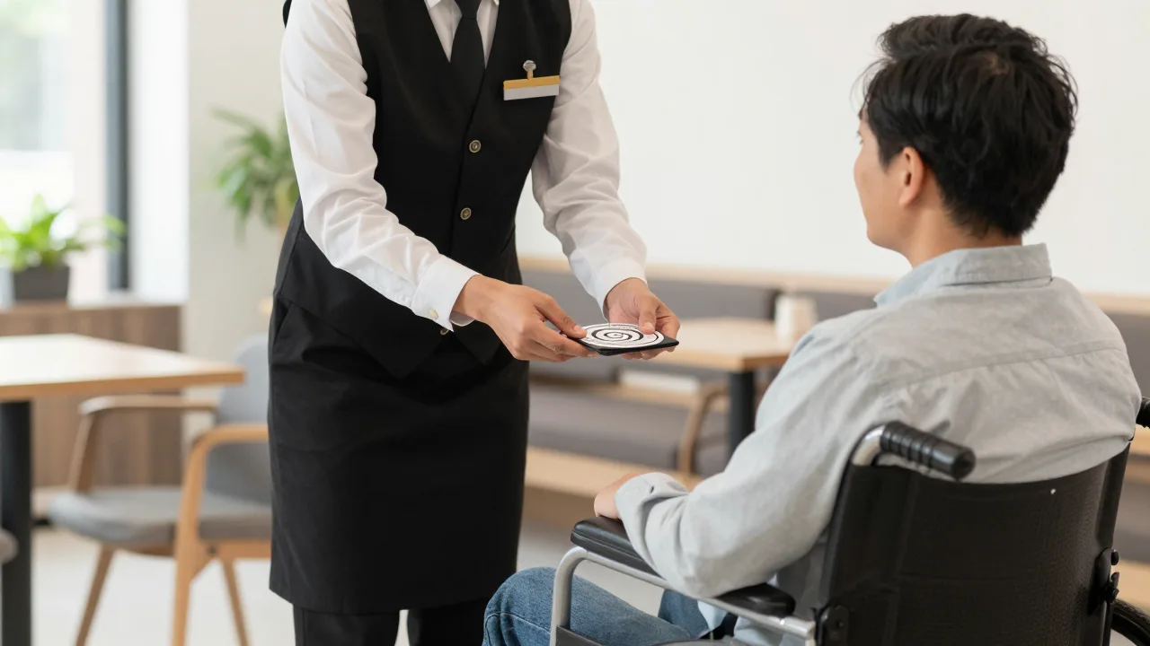 Restaurant host handing a vibrating coaster pager to a guest seated in a wheelchair in a bright accessible waiting area