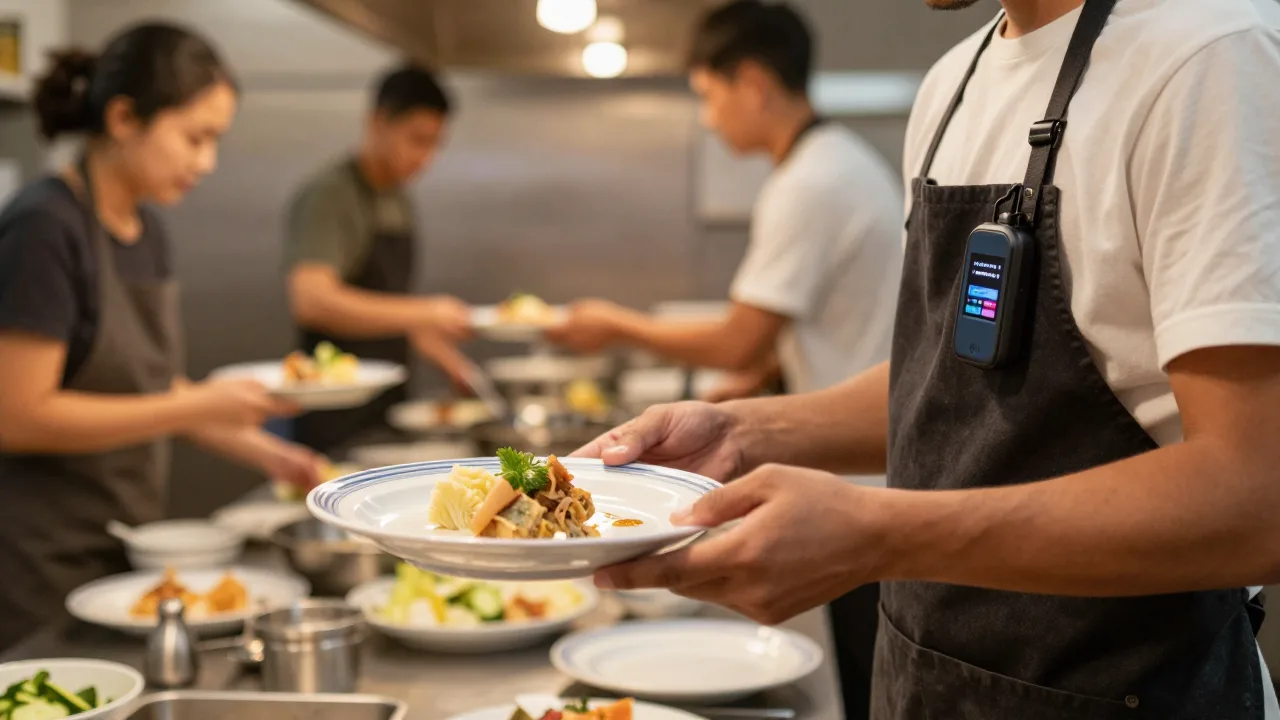 Server picking up plates at a busy restaurant kitchen pass with a small wearable pager clipped to an apron
