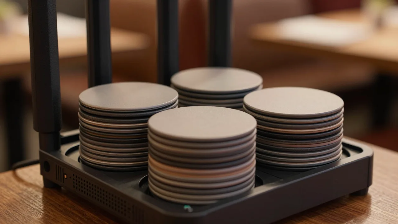 Guest paging base station charging rack on a restaurant host stand holding a stack of round coaster pagers
